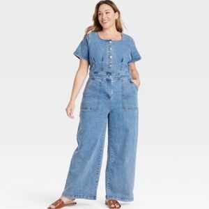 Ava & Viv Women’s Denim Short Sleeve Button Front Jumpsuit - Medium Wash Size 22